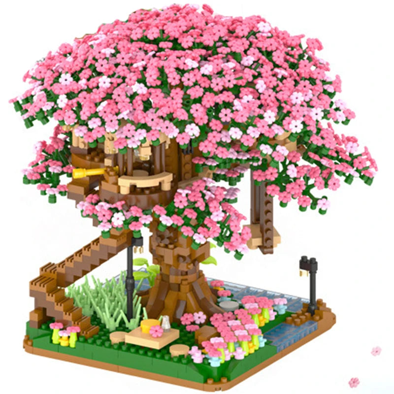 2138pcs DIY Discoloration Cherry Blossom Flower Pink Tree House Train Assembly Building Blocks Classic Model Bricks Sets Kid