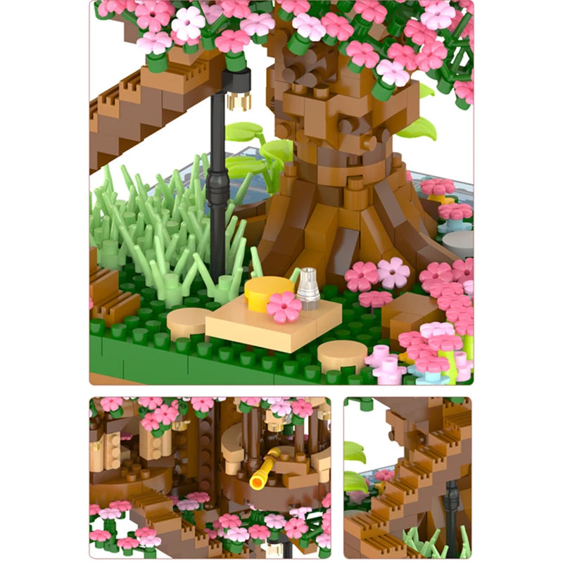 2138pcs DIY Discoloration Cherry Blossom Flower Pink Tree House Train Assembly Building Blocks Classic Model Bricks Sets Kid